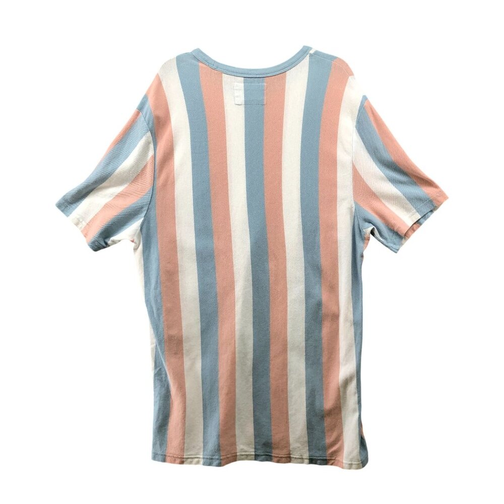 Guess Knit T Shirt Mens XL Cotton Crewneck Short Sleeve Striped Peach‎ Blue Long - Picture 2 of 8